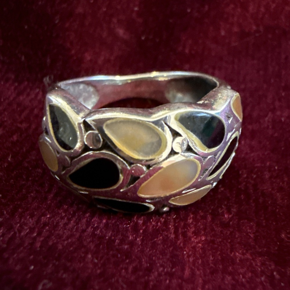 Vintage Sterling Silver Ring 925 Size 6 Abalone Mother Of Pearl And Onyx Ring